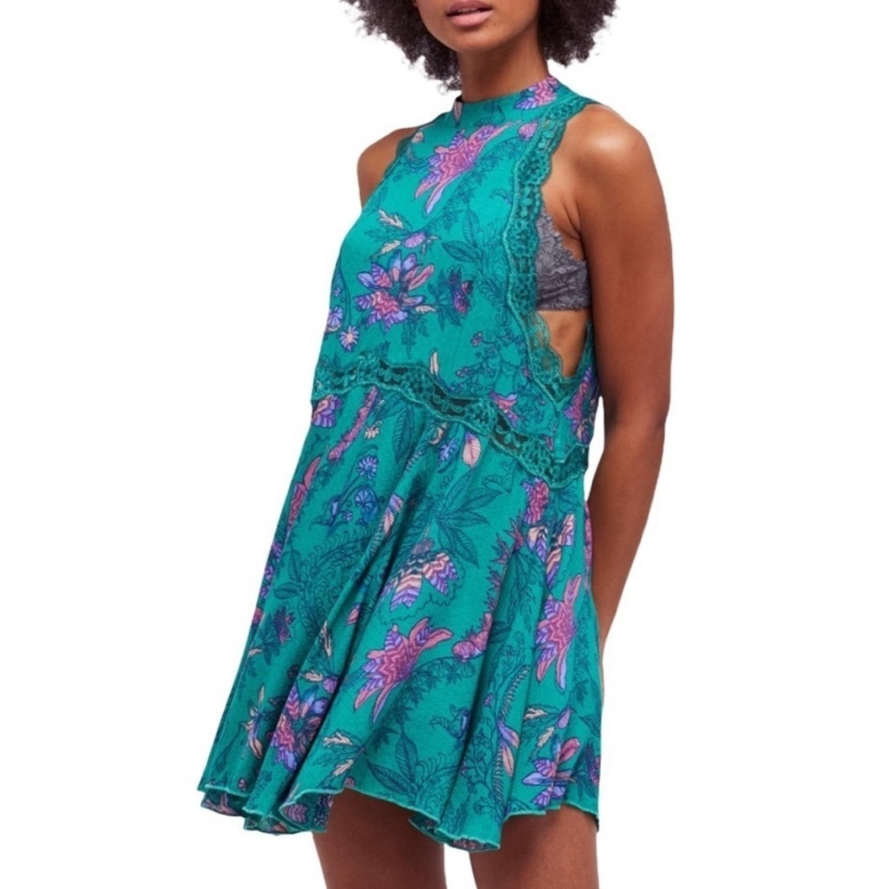 Free People Intimately Floral‎ Green Lace Accents Mini Dress Open Back Size S
